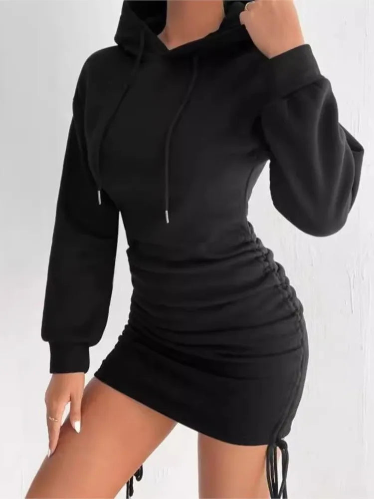 Woman's Sexy Basic Solid Color Dress Autumn Fashion Grey Long Sleeves Hooded Tie Dresses Ladies Slim Package Hip Mini Dress