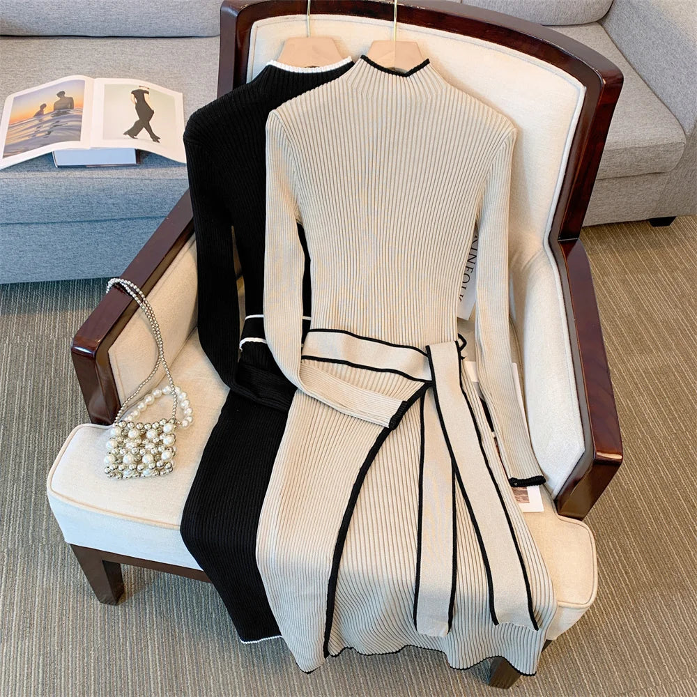 2026 New Autumn Winter Stand Collar Long Sleeve Knitted Dress Hit Color Striped Bandage Waist Bodycon Dress With Belt