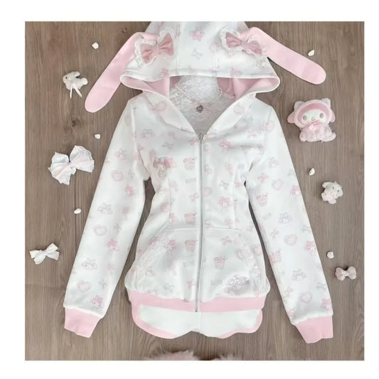 原宿系 和風 かわいい スウェットシャツ 漫画 ウサギ プリント パーカー Y2K ピンク サブカルチャー リボン ジップアップ パーカー レディース スリム アニメ パーカー