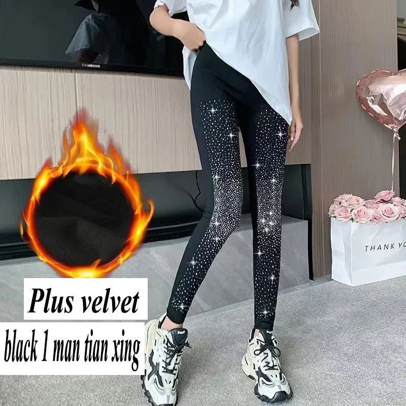 Xpqbb Black Stretch Rhinestone Skinny Leggings Women Autumn Winter Thick Velvet Ankle-Length Pants Tide Elasticit Shinny Legging