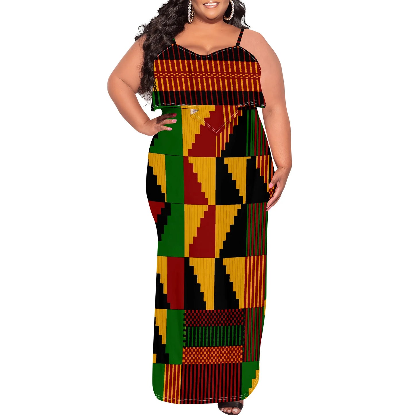 Women's Plus Size African Kente Print Maxi Dress XL-6XL Spaghetti Strap Ruffle Top Summer Party Long Sundress