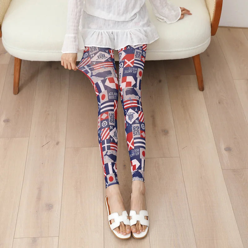 Women Trendy and Fashionable Printed Mesh Leggings, Ice Silk Flower Cartoon Shorts,Sexy Girl Fitness Elastic Pants