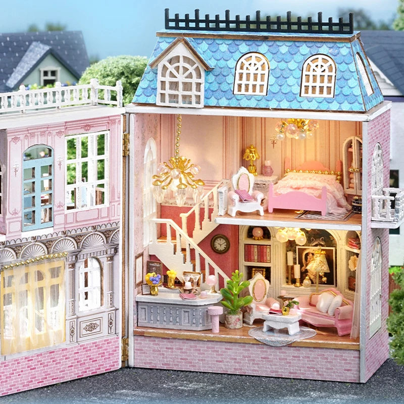 Diy Mini Wooden Dollhouse With Furniture Light Doll House Casa Assembly Model Pink Princess Villa Architecture Kit Toys Birthday