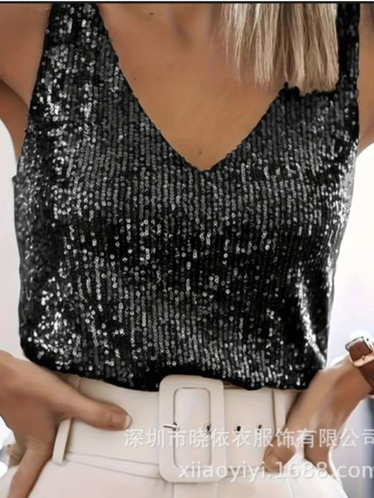 Women Vest Top Sequin Sexy Tops Vests Sleeveless V Neck Backless Camis Elegant Splice Casual Streetwear 2025 Fashion Tanks