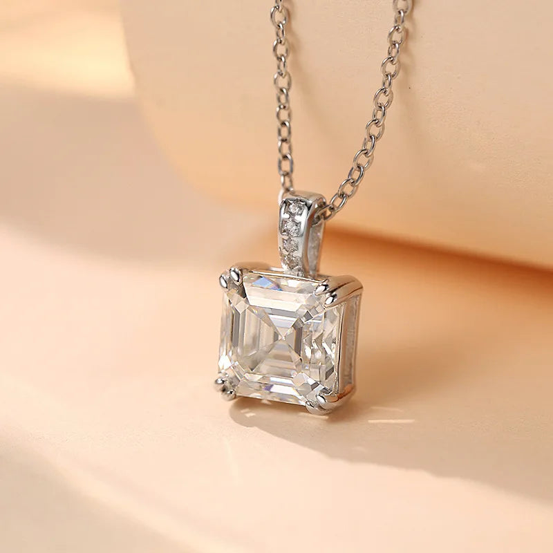 4 Claws 100% 925 Sterling Silver Real 3ct Asscher Moissanite Pendant Necklace for Women Sparkling Party Fine Jewelry Gifts