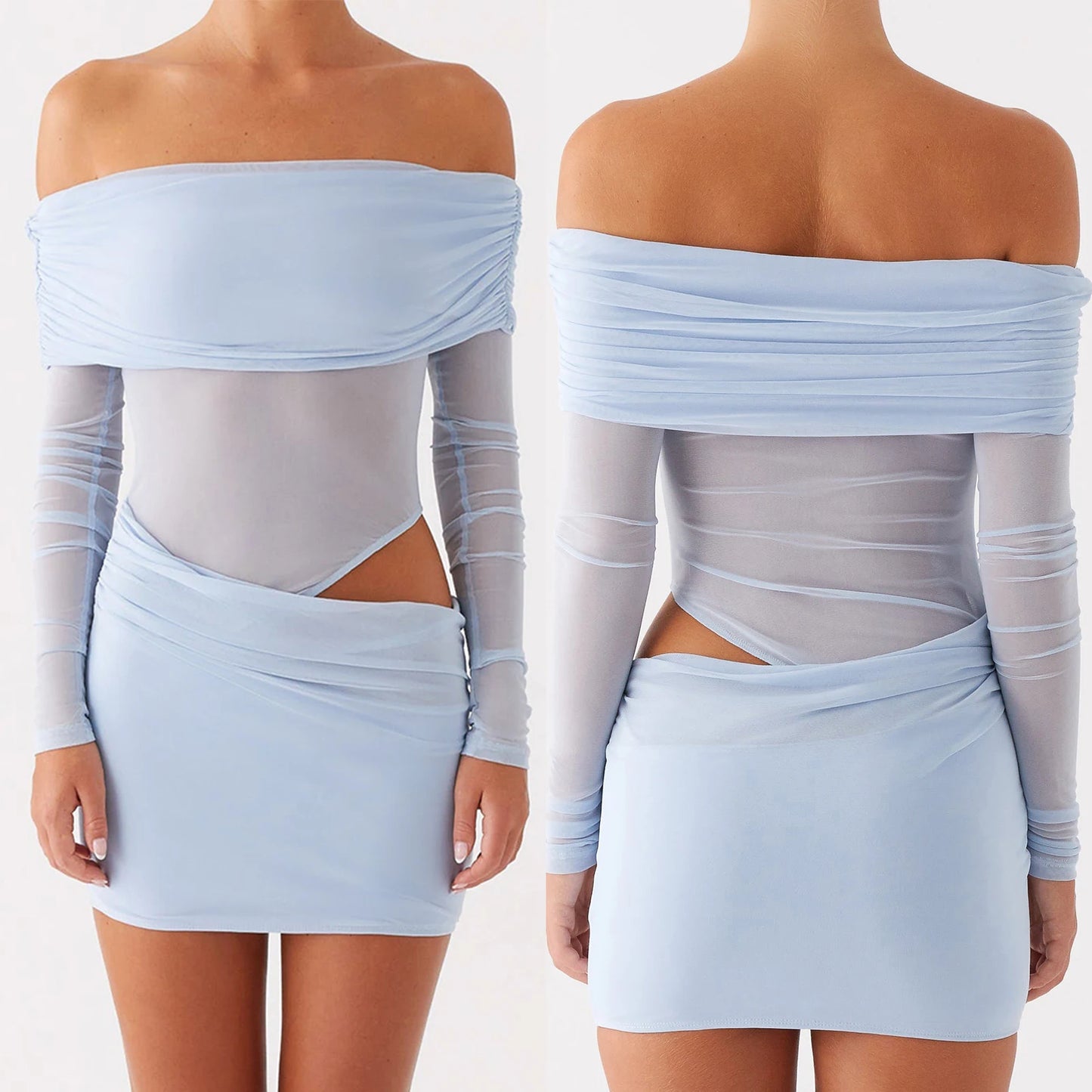 Women Mini Off Shoulder Dress Slim Ruched Solid Color Cut Out Long Sleeve Backless Short Mesh Bodycon Dress for Party Club