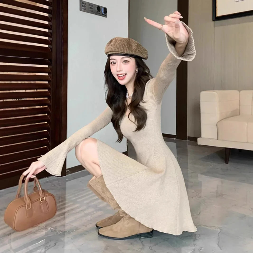Autumn Winter Long Sleeve Mini Skirt Dress Women's Inner Wear Slimming Base Layer Hot Girl Wrap around Short Skirt Dress