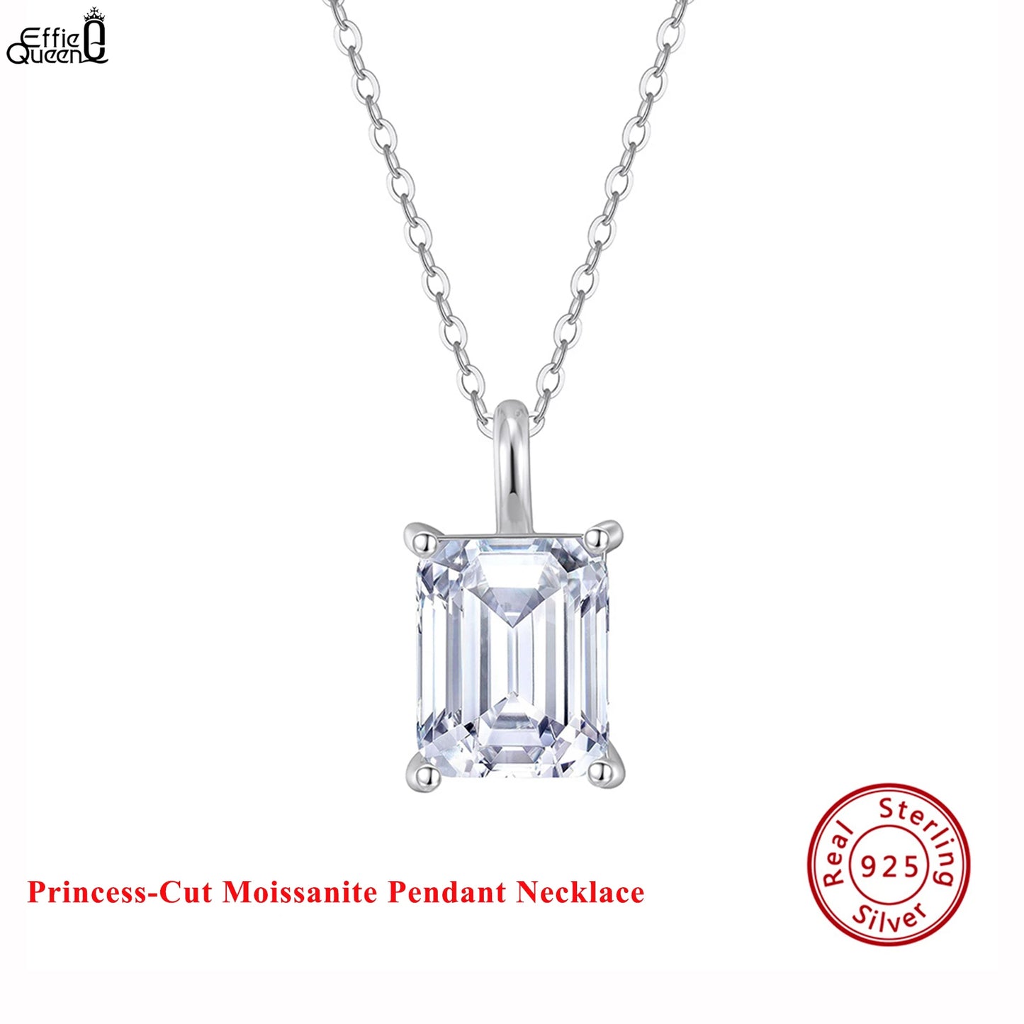EFFIE QUEEN 925 Sterling Silver Necklace Featuring a Stunning Princess-Cut Moissanite Pendant, Ideal Jewelry for Women MON09