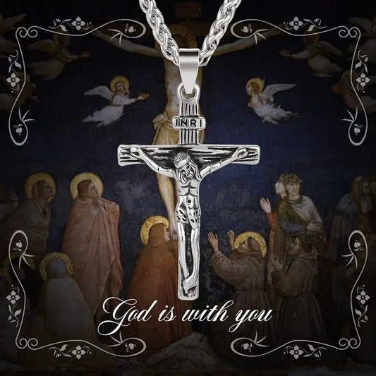 男性用新宗教イエス十字架ネックレス。ゴールドカラーのクロスペンダントとチェーンネックレス。男性と女性へのジュエリーギフト。