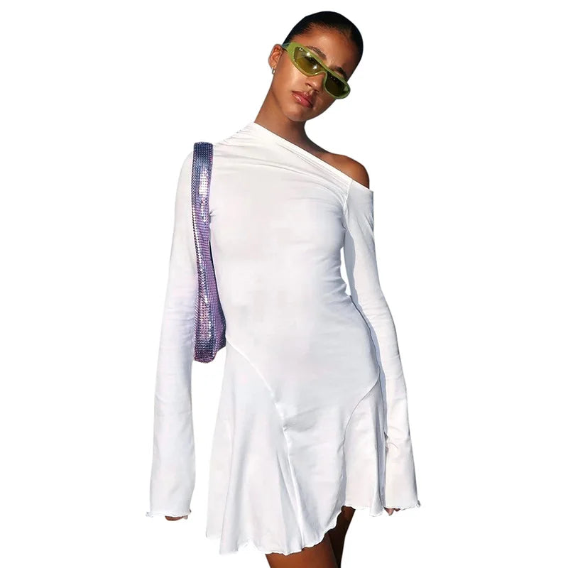 Women Sexy Boat Neck Backless Mesh Mini Dress Solid Slim Fit Bell Long Sleeve Self Tie Back Sheer Short Dresses