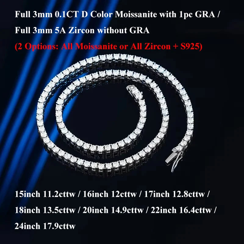 EWYA Real 2-5mm Full D Color Moissanite Tennis Neck Chain Necklace for Woman Man 925 Silver GRA Certified Party Bridal Necklaces
