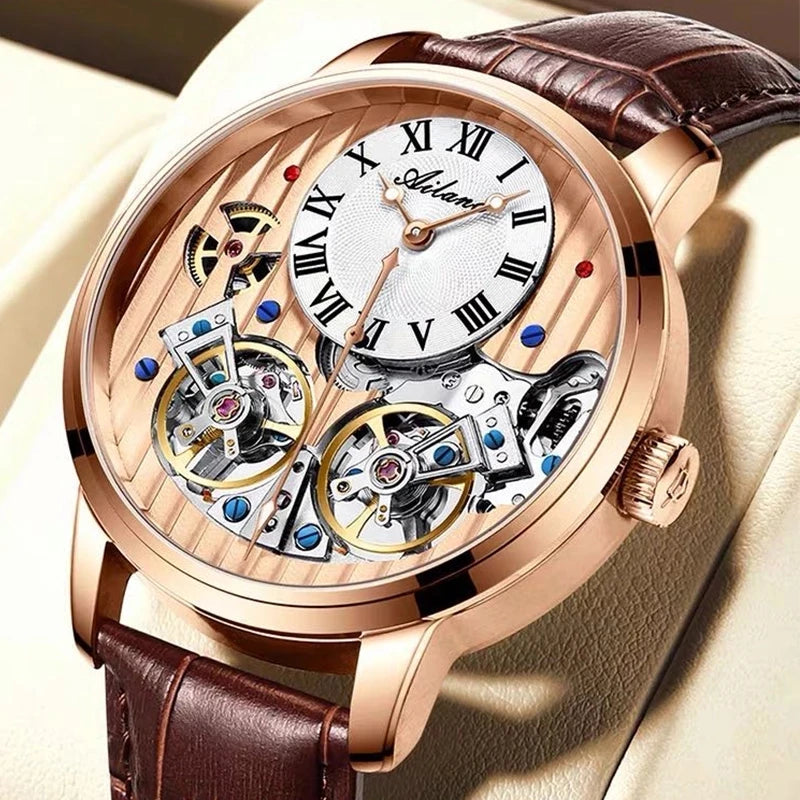 AILANG Double Tourbillon Men Watches Leather Wrist Mechanical Watches Automatic Flying Tourbillon Watches Waterproof Relogio