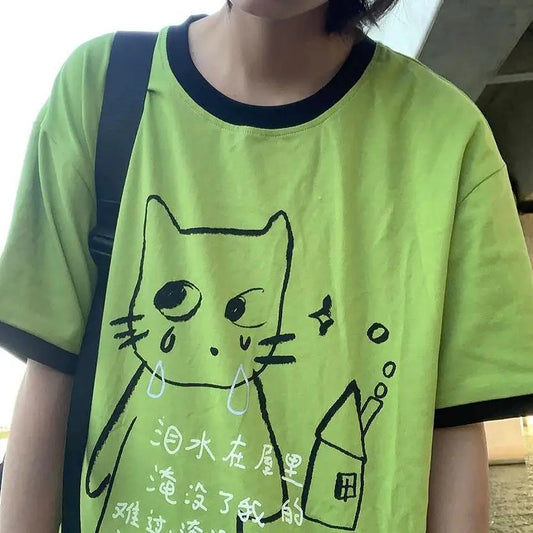 日本のサブカルチャー かわいい猫プリント 半袖Tシャツ レディース 夏 ヴィンテージ グリーン カジュアル ゆったり スウィートガール Y2K トップス