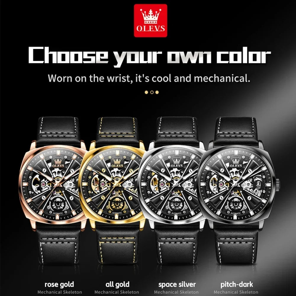 OLEVS Mens Watch Automatic Mechanical Watch Business Leather Strap Tourbillon Watch for Men Waterproof Luminous Wristwatch Clock