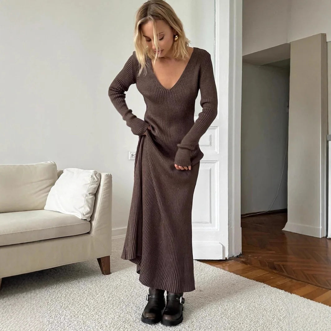 2025 Autumn Women's New Solid Color Long Sleeve V-neck Slim Bodycon Knitted Maxi Dress Trendy Elegant Fashion Sexy Dresses