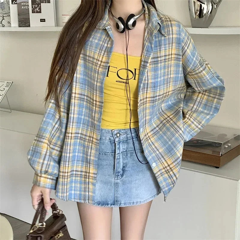 Women Tartan Shirt Long Sleeve Collared Button Up Oversized Plaid Shirt Jacket Grunge Fashion Teenage Girl Spring Summer Outfit