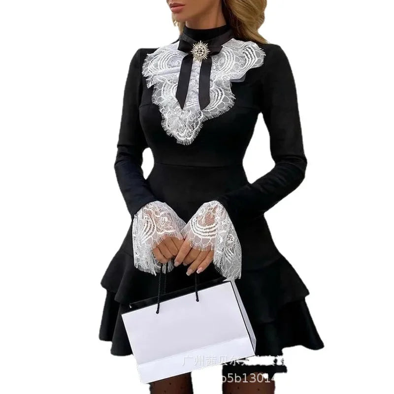 Women Lace Long Sleeve High Waist Mini Dress Summer Fashion Solid Color Dress A Line