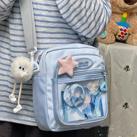 HAEX かわいいレディースイタバッグ ファッション パッチワーク ナイロン DIY バッジ クロスボディ ショルダーバッグ 原宿 カジュアル サブカルチャー ボルソ ムジェール