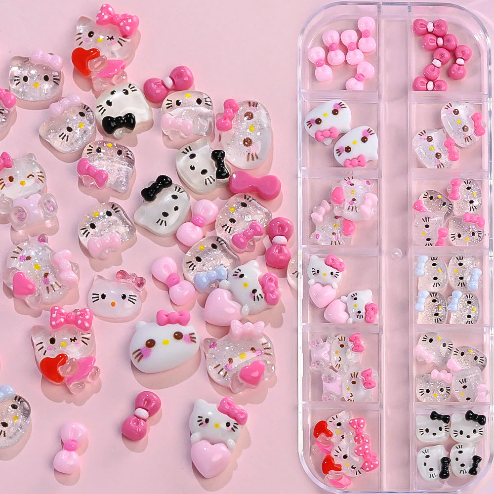12Grids Summer Black Skin Hello Kitty Nail Charms 3D Pink Bows Hello Kitty Nail Art Rhinestone Cute Cartoon DIY Nail Accessories