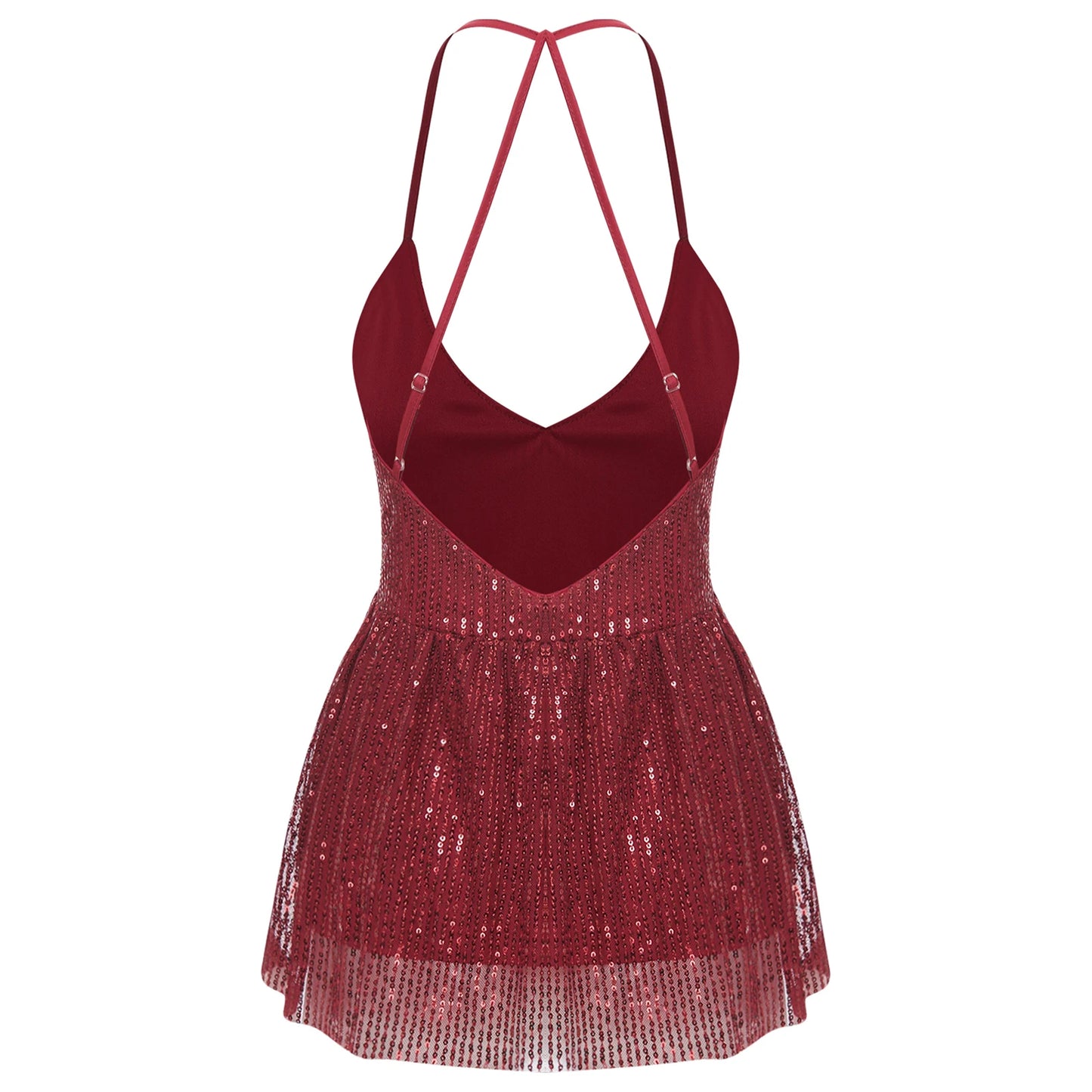Women Sequin Tank Top Sparkling Slim Fit Blouse V Neck Cross Spaghetti Straps Open Back Ruffle Hem Vest Sparkle Slim Fit Cami