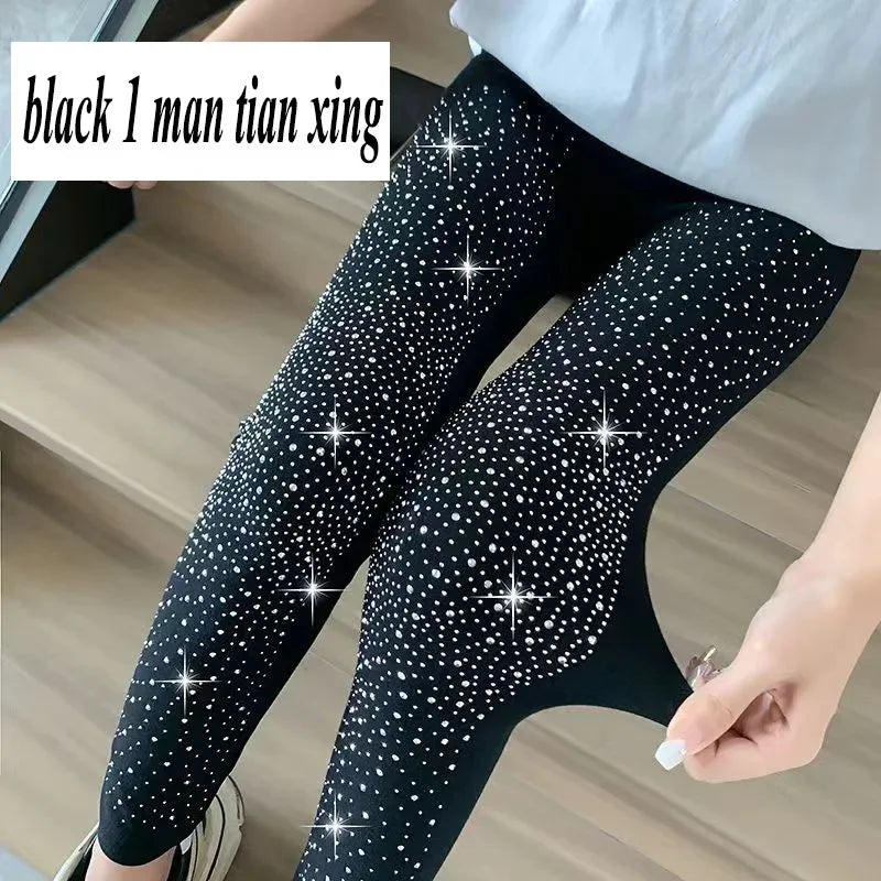 Xpqbb Black Stretch Rhinestone Skinny Leggings Women Autumn Winter Thick Velvet Ankle-Length Pants Tide Elasticit Shinny Legging
