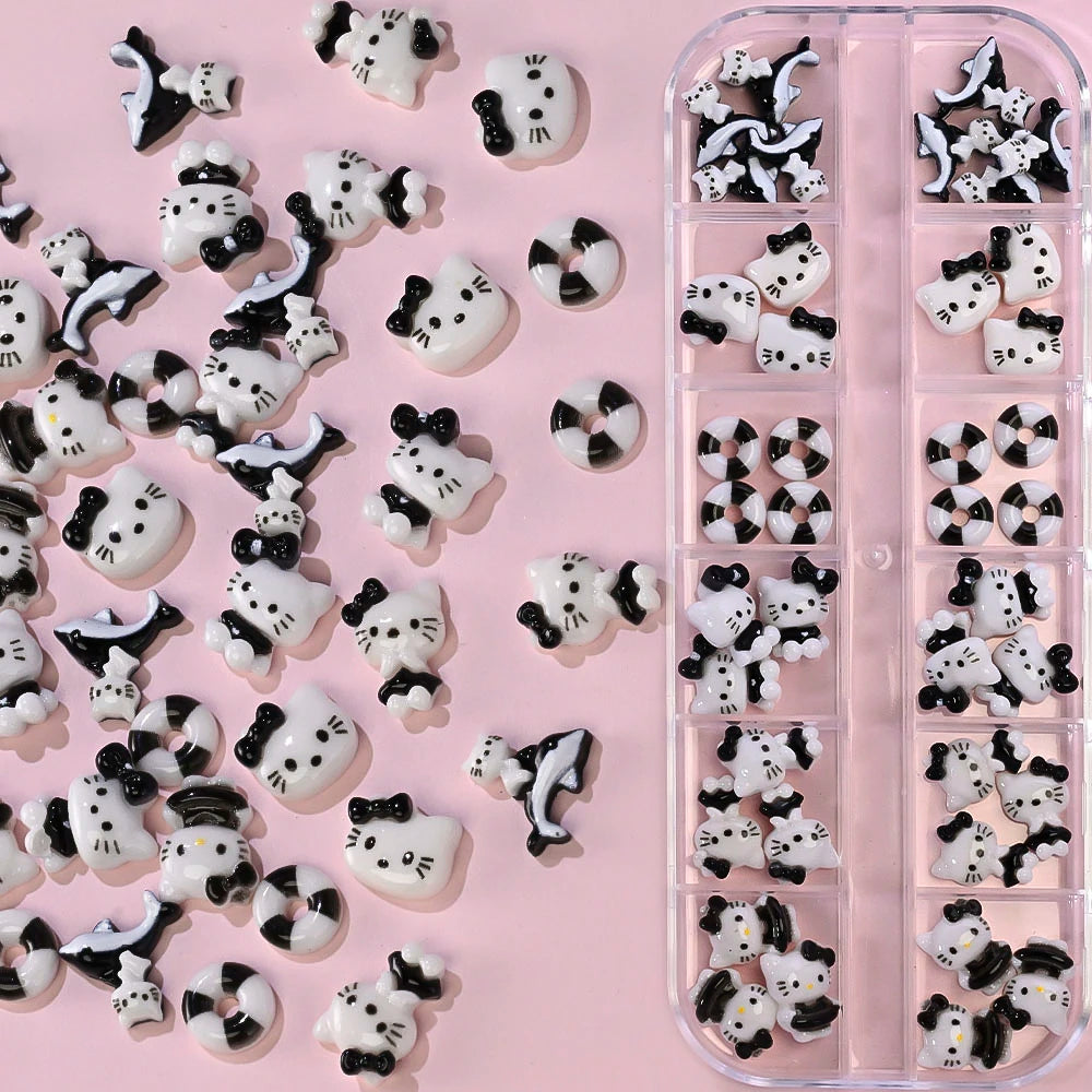 12Grids Summer Black Skin Hello Kitty Nail Charms 3D Pink Bows Hello Kitty Nail Art Rhinestone Cute Cartoon DIY Nail Accessories