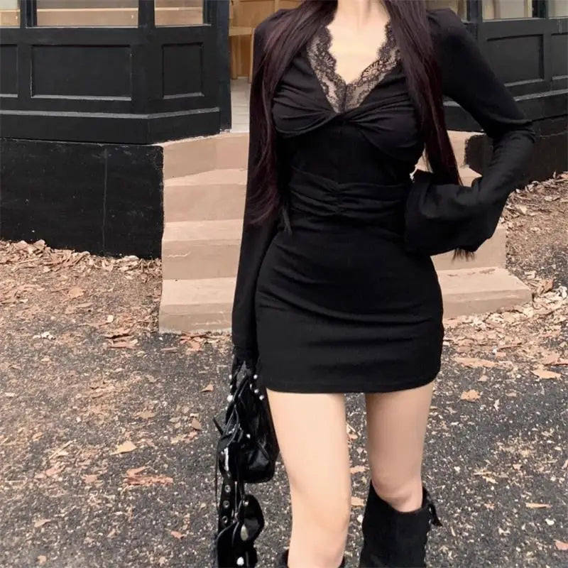 Long Sleeve Black Mini Dress Vintage Sexy Womens Lace Patchwork Y2K Aesthetic Dress High Waist Party Club Women Dress Autumn New