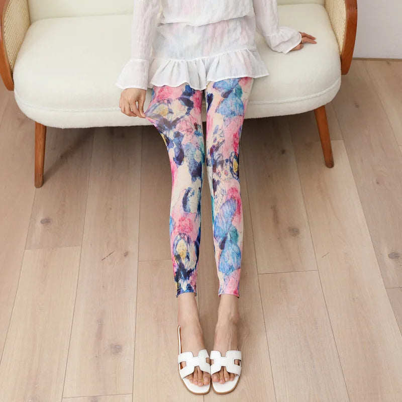 Women Trendy and Fashionable Printed Mesh Leggings, Ice Silk Flower Cartoon Shorts,Sexy Girl Fitness Elastic Pants