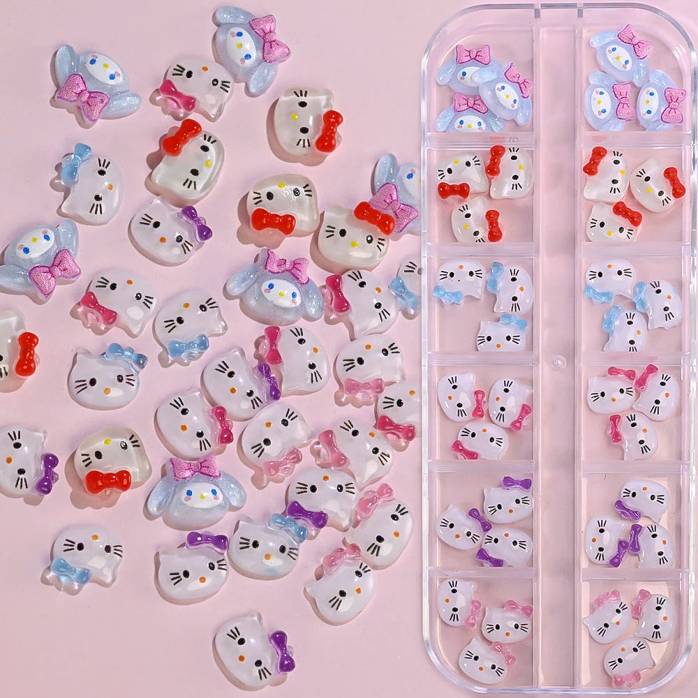 12Grids Summer Black Skin Hello Kitty Nail Charms 3D Pink Bows Hello Kitty Nail Art Rhinestone Cute Cartoon DIY Nail Accessories