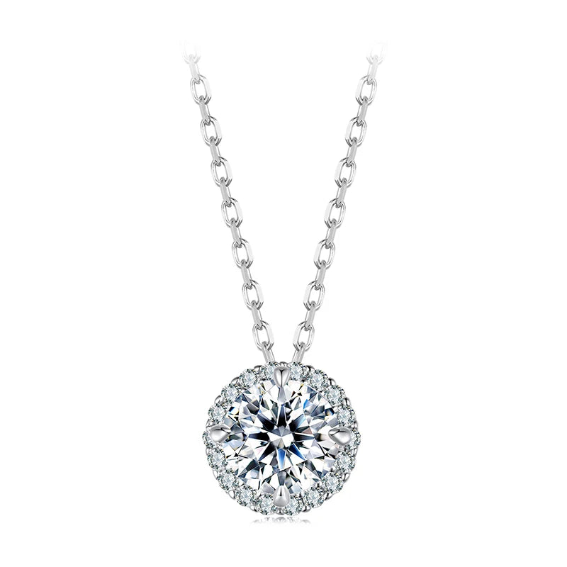 BAMOER 925 Sterling Silver Round Halo Moissanite Necklace, White Gold Plated Classic Elegant Necklace Engagement Jewellry Gift