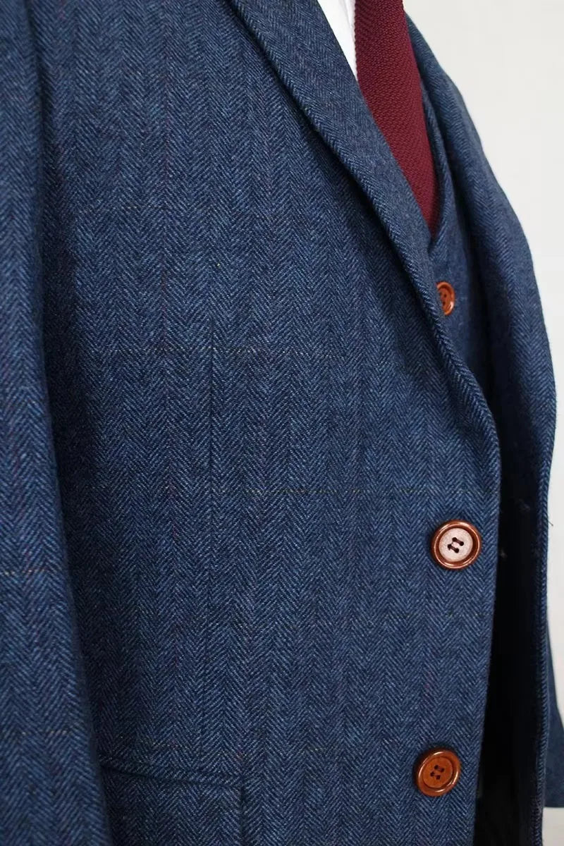 Wool Blue Herringbone Retro Gentleman Style Custom Made Men's Suits Tailor Suit Blazer Suits For Men 3 piece (Jacket+Pants+Vest)