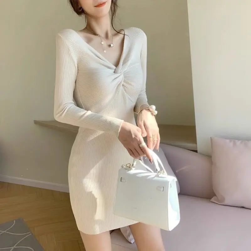 Women Sexy V Neck Bodycon Ribbed Knitted Elegant Party Dresses Spring Autumn Fashion Y2K Solid Long Sleeve Club Basic Mini Dress