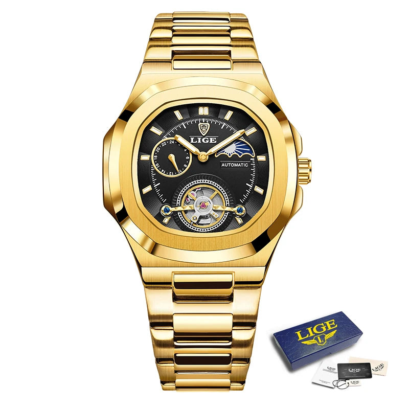 LIGE 2024 Automatic Mens Watch Fashion Stainless Steel Luxury Watches Men Waterproof Luminous Tourbillon Wristwatch Reloj Hombre