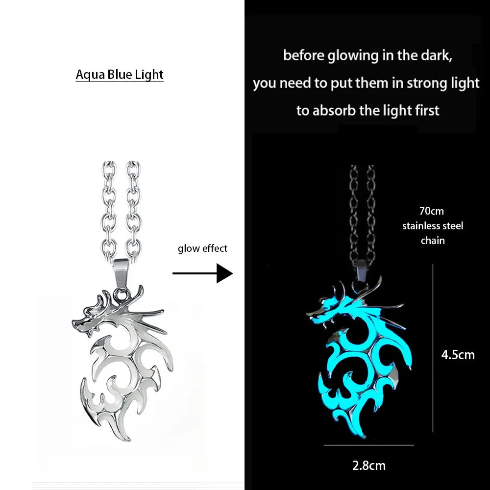 Hiphop Rock Stainless Steel Chain Luminous Alloy Dragon Pendant Glowing Necklace Night Dance Disc Glow In The Dark Necklace