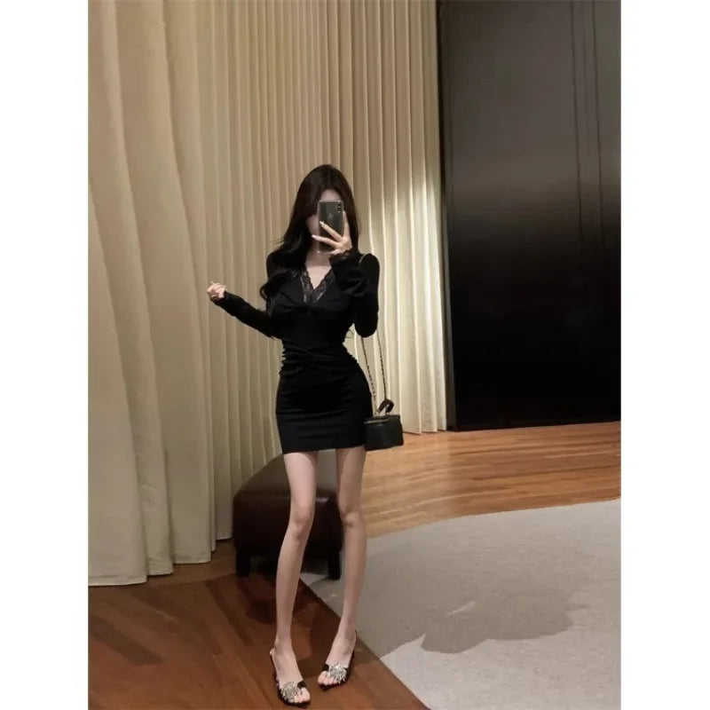 Pure Desire Lace Splice V-Neck Long Sleeve Bodycon Mini Dress Black Knot Waist Cinched Women's Fashion Autumn Skirt Dress