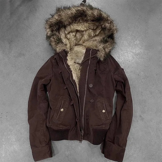 レディース Y2K 冬用パーカージャケット フェイクファーフード付き 暖かいシェルパ裏地 ジップアップ ボンバーコート カジュアルアウター ブラウン プラスサイズ 防風
