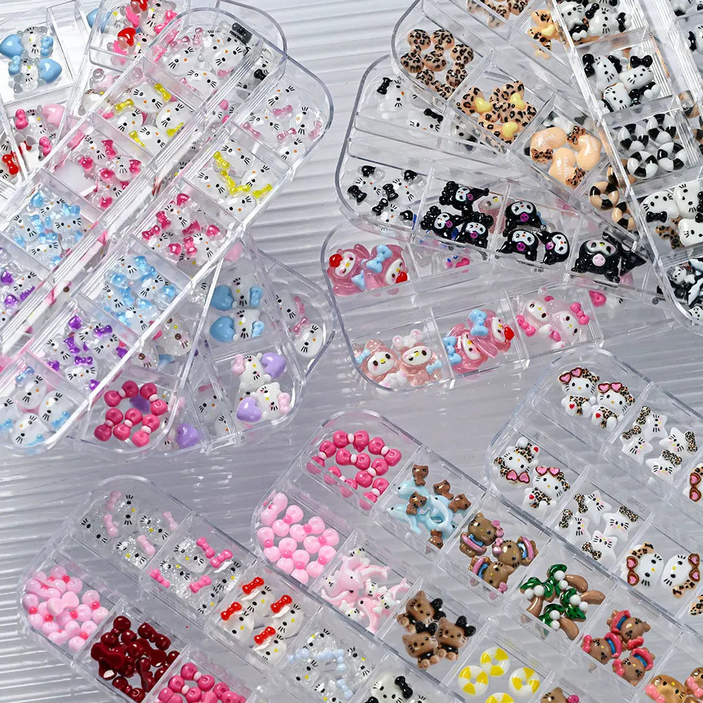 12Grids Summer Black Skin Hello Kitty Nail Charms 3D Pink Bows Hello Kitty Nail Art Rhinestone Cute Cartoon DIY Nail Accessories