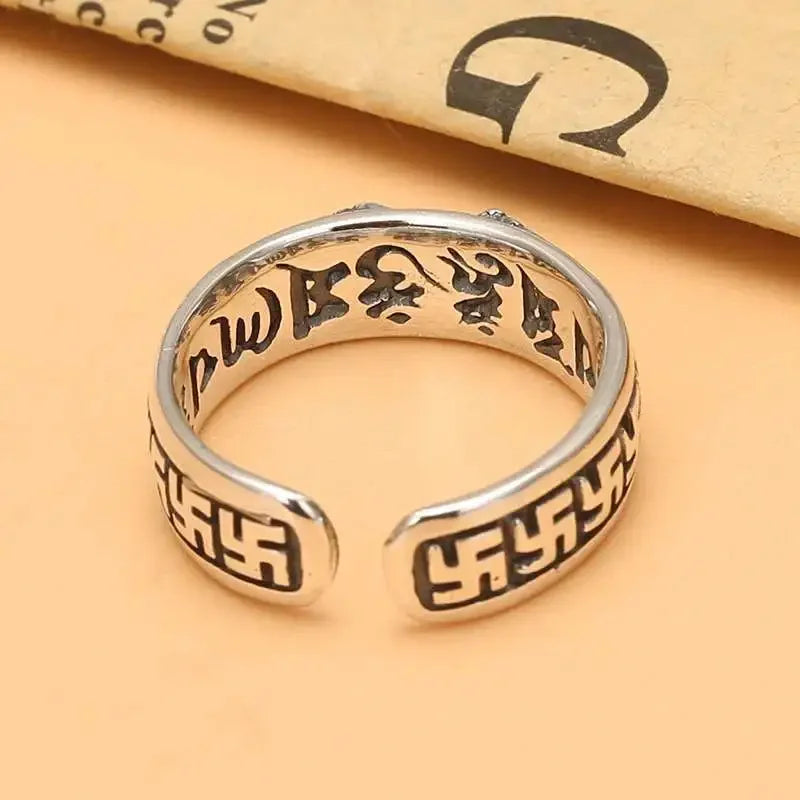 シルバーメッキ 仏教経典 金剛般若十字架 調節可能リング レトロ 宗教的 オープンリング 男女兼用 ファッションジュエリー