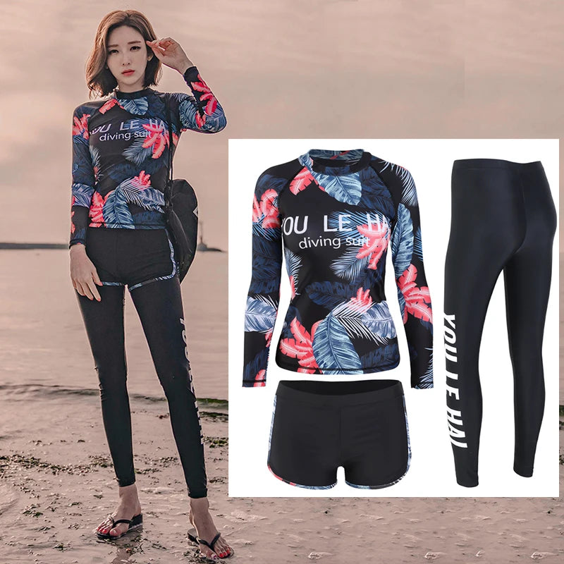 Women's 3pcs/set Printed Long Sleeve Rashguard UV Sun Protection Surf Shirt With Pants Shorts Full Body Bathing Suit Dive Skin