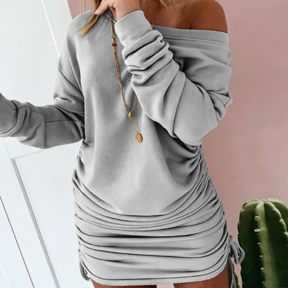 Women Sweater Dress Long Sleeve One Shoulder Drawstring Bodycon Ladies' Autumn Winter Dress Pleated Sexy Hip Hugging Dress