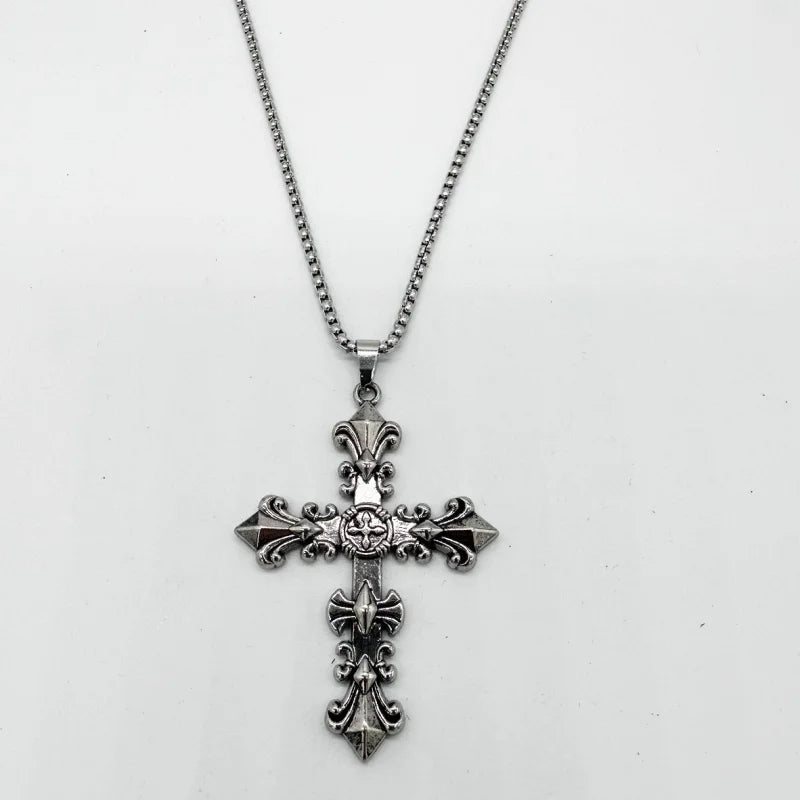 1 Piece Fashionable Cross Gothic Metal Antique Silver Color Pendant Necklace for Men and Women 70cm