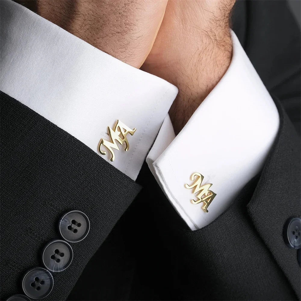 Tangula Custom Men's Stainless Steel Cufflinks For Groom Initials Cufflinks With Oak Gift Box Wedding Bridegroom Jewelry Gift