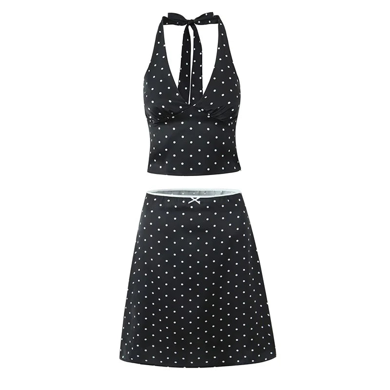 YENKYE 2025 Women Vintage Black White Polka Dot A-line Knee Length Skirt Sexy Low Waist Holiday Summer Skirts