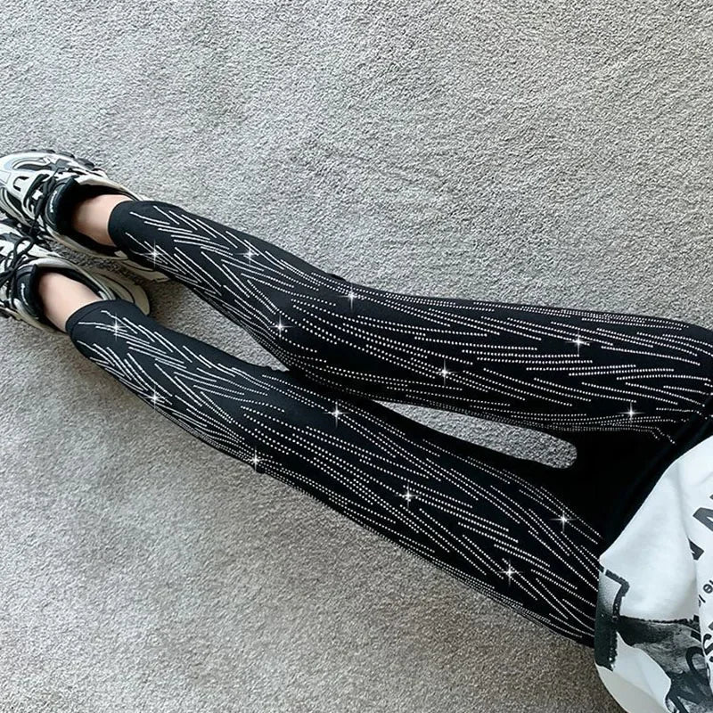 Xpqbb Black Stretch Rhinestone Skinny Leggings Women Autumn Winter Thick Velvet Ankle-Length Pants Tide Elasticit Shinny Legging