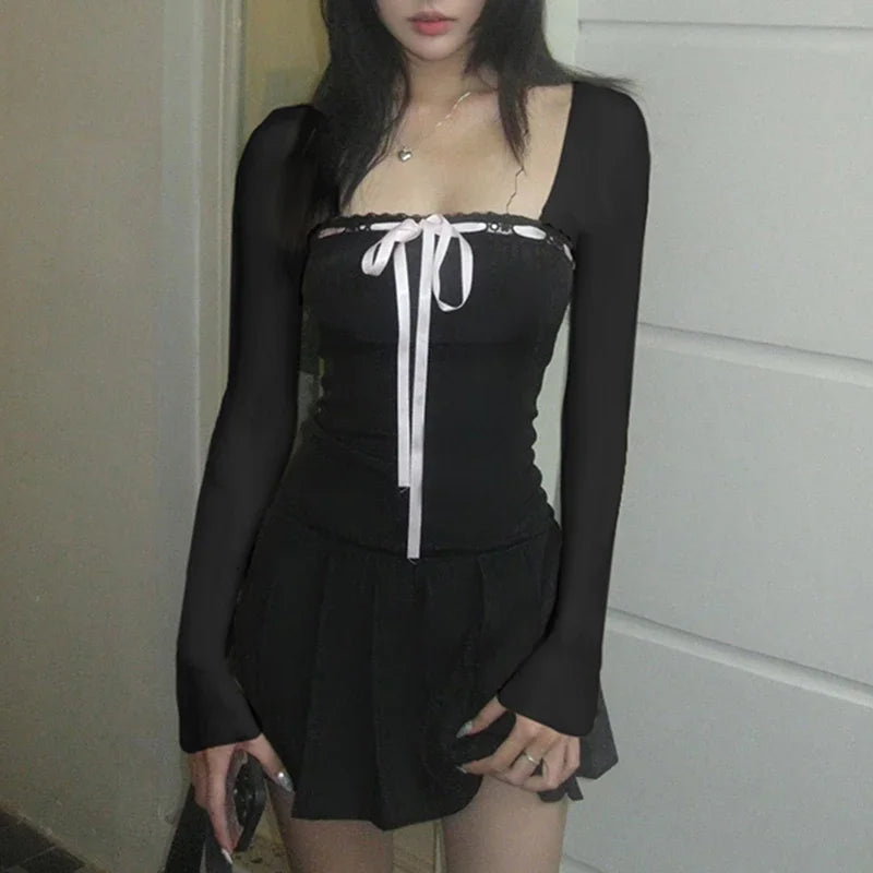 Black Lace Up Square Collar Dresses Fashion Women Balletcore Aesthetic Bodycon Long Sleeve Mini Dress Korean Style