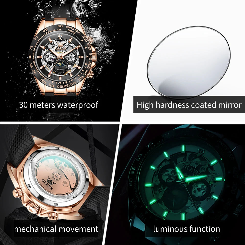 OLEVS 6713 Men Mechanical Watch Hollow Dial Tourbillon Fashionable Business Sport Waterproof Date Moon Silicone Strap