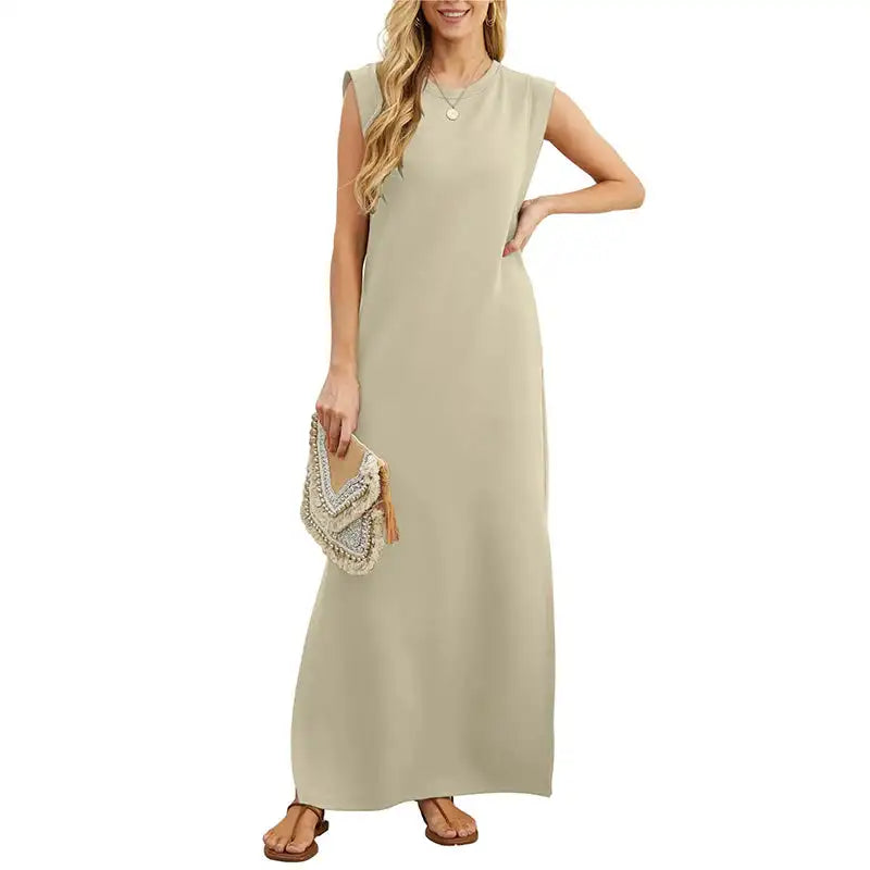 Women's Summer Casual Loose Sundress Long Dress Sleeveless Round Neck Split Tshirt Maxi Dresses Wrinkle-Free with Pocket