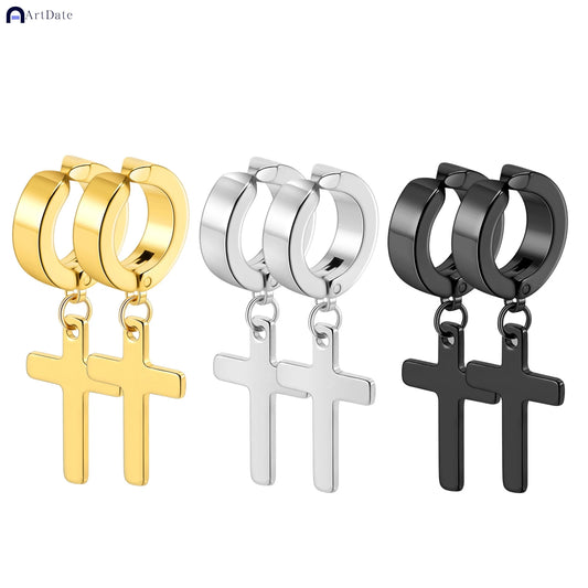 2個入り ステンレススチール メンズ クロス スター パンク ダングルイヤリング ゴシック レディース クロス イヤーフープイヤリング ハギーズ ペンダント ピアスジュエリー