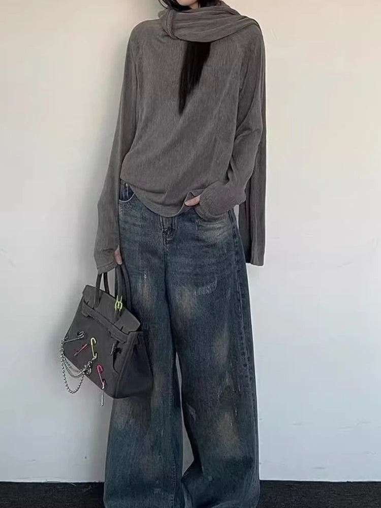 2000年代の韓国ファッション、スリムバットウィングスリーブ、秋セーター、Y2K、純色、サブカルチャー、カジュアル、長袖、プルオーバー、セーター、シック