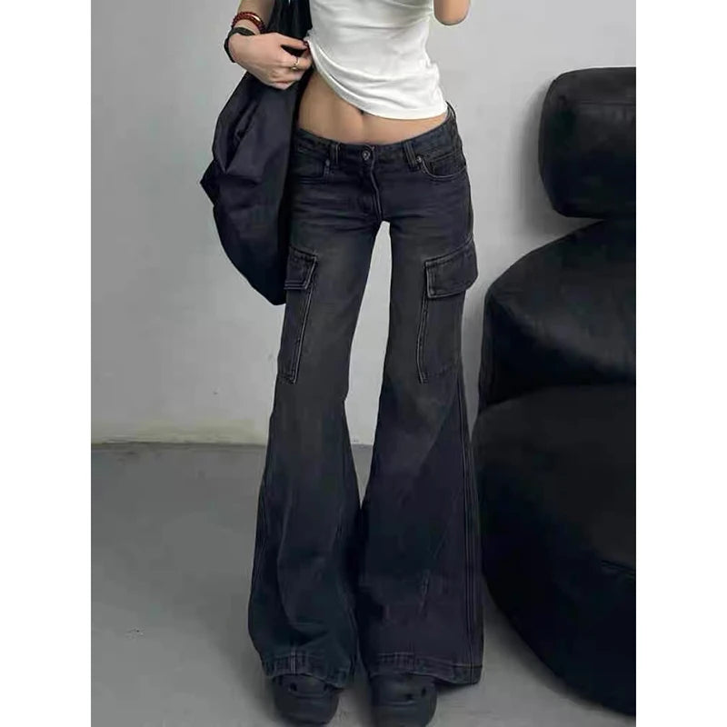 ZHIZOU Streetwear Vintage Black Jeans Women American Y2K Slim High Waist Flare Denim Pants Casual Multiple Pockets Denim Trouser